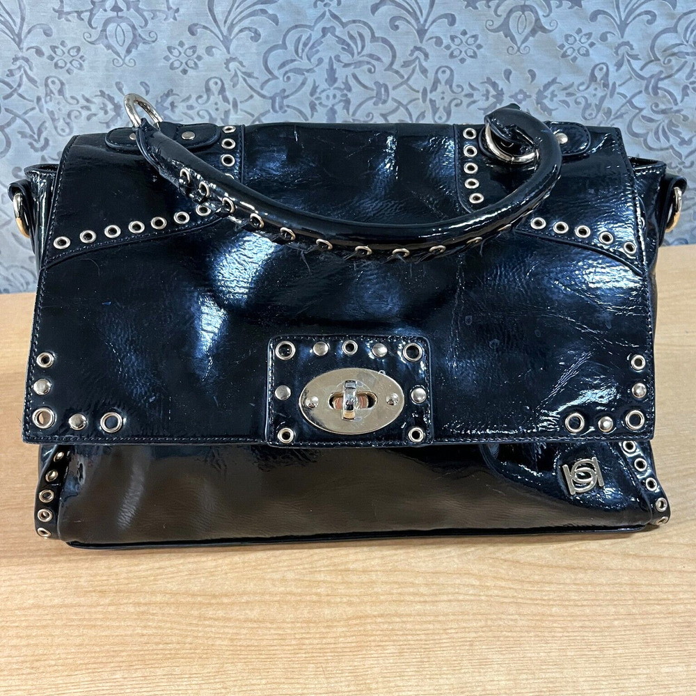 Bebe Los Angeles Glossy Black W/Gold Accent Handbag Purse Missing Strap
